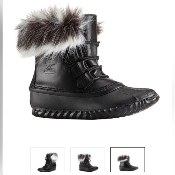 SOREL Women's Out N About Faux Fur Lux Winter Rain Snow Boots, Black, SOLD OUT - Picture 1 of 9